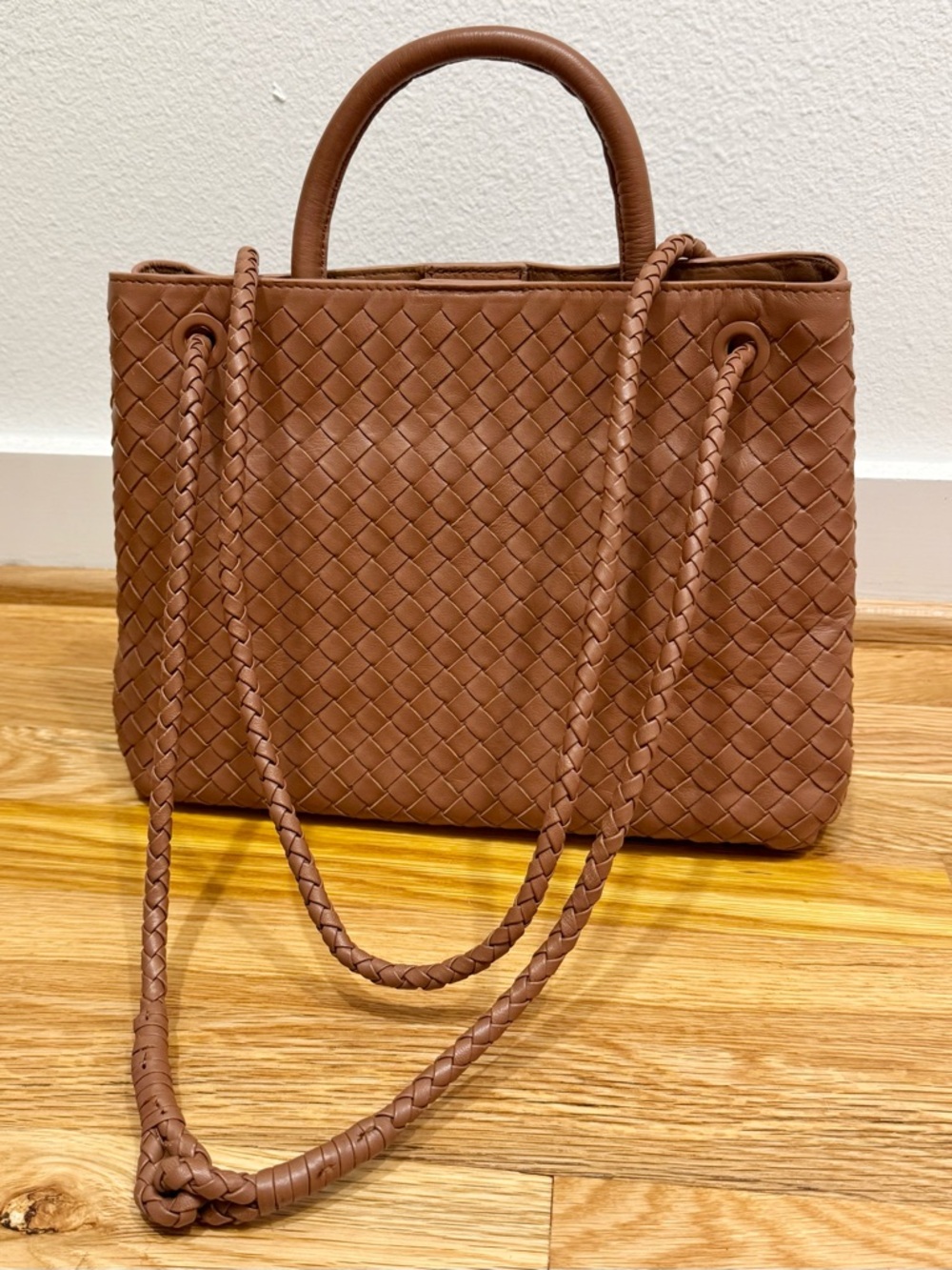 Large Quince Italian Leather Handwoven Satchel Cognac Woven Crossbody Tote Purse - Picture 3 of 6